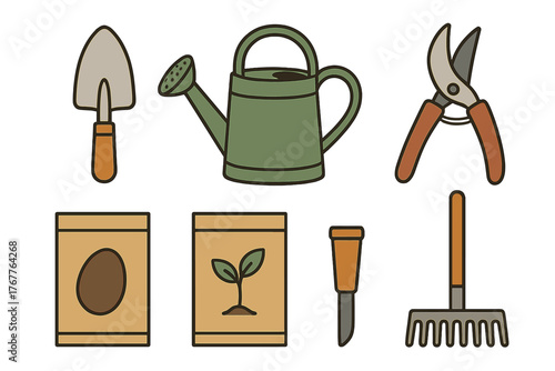 Set of essential gardening tools and supplies including trowel and watering can