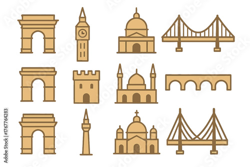 Famous world travel landmarks and architectural monuments outline set