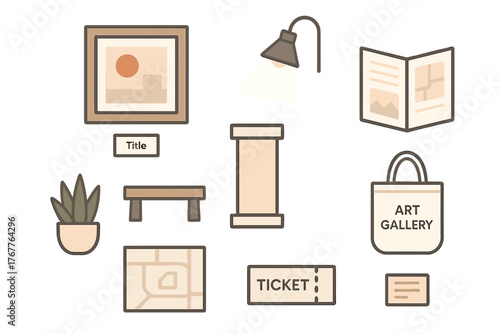 Art gallery and museum objects collection including painting, pedestal, ticket, map, and souvenir bag