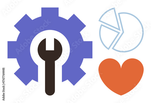 Wrench inside gear for problem-solving, pie chart for analysis, heart for passion. Ideal for teamwork, productivity, analytics, creativity, system optimization innovation and collaboration. Simple