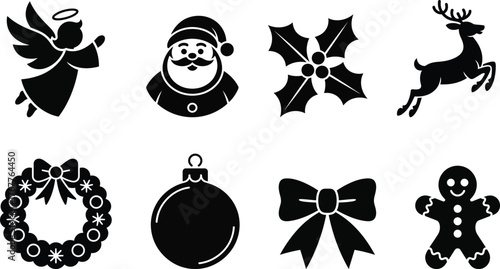Collection of festive christmas icons including santa claus angel reindeer wreath and gingerbread man