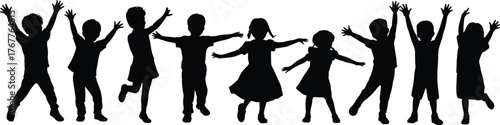 Children silhouettes, dancing, jumping, playful poses, black figures, white background, joyful kids, expressive movement, celebration, fun, happy group, childhood energy