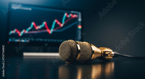 Golden microphone with market data screen, podcasting and financial news