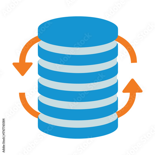 Stacked database disks with flow arrows showing data analytics flat vector design