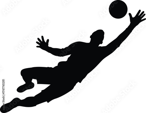 Silhouette of a soccer goalkeeper diving to catch the ball in a dynamic action pose