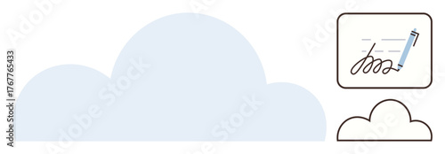 Pen signing document inside a cloud, signifying digital signature and storage. Ideal for security, technology, record-keeping, agreements, authentication, legal services data management. Simple flat