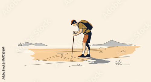 Adventurous Traveler in Desolate Landscape Seeking Exploration with His Hiking Stick