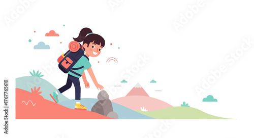 Adventurous Young Hiker Ascending a Hill Towards Majestic Mountain Scenery