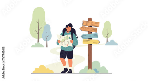 Adventurous Traveler Inspects Map While Contemplating Directions at Wooden Signpost