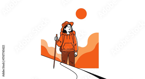 Adventurous Traveler in Orange Attire Hiking Towards the Sun with a Walking Staff