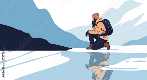 Adventurous Traveler Pauses at Snowy Lake in Mountainous Landscape Reflection View