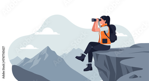 Adventurous Woman Observing Majestic Mountains Using Binoculars For Exploration and Discovery