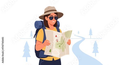 Adventurous Traveler Planning Her Trip With A Map, Ready to Explore The Outdoors