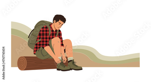 Adventurous Traveler Pauses to Adjust Footwear While Taking a Restful Break Outdoors