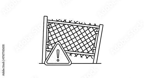 Alerting Broken Fence Illustration: Caution Icon Signifying Potential Danger Situation