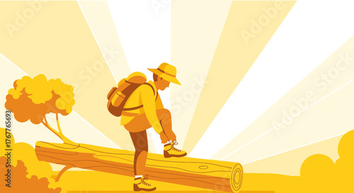 Adventurous Traveler Preparing For Expedition In A Dynamic And Vivid Outdoor Environment