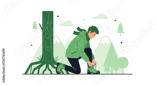 Adventurous Traveler Preparing For Expedition In Front Of Mountainous Landscape