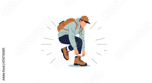 Adventurous Traveler Preparing For The Trek, Tying Boot Laces And Ready To Explore Nature