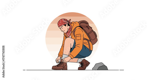 Adventurous Traveler Preparing For Trekking, Tying Boot Laces, Ready To Explore Trails