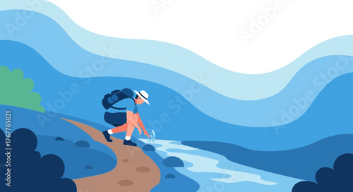 Adventurous Traveler Reaching for Water Source on Scenic Mountain Trail, Clean Illustration