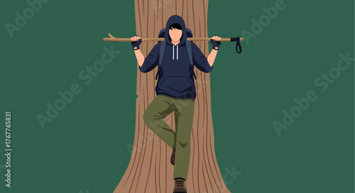 Adventurous Traveler Standing Beside a Tree Representing Outdoor Exploration and Hiking