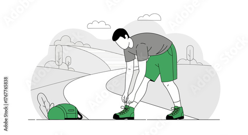 Athlete Preparing For a Run on a Scenic Trail, Tying His Shoes, Getting Ready