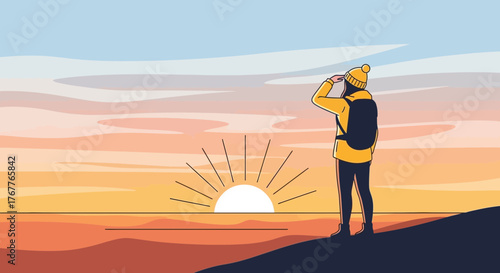 Adventurous Traveler Watching Beautiful Sunset with Vibrant Colors and Stunning Vistas
