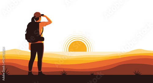 Adventurous Traveler Watching Sunrise Above Rolling Hills During Golden Hour Moments