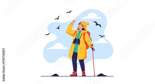 Adventurous Traveler Watching Birds Fly In The Cloudy Sky With Binoculars And Hiking Stick