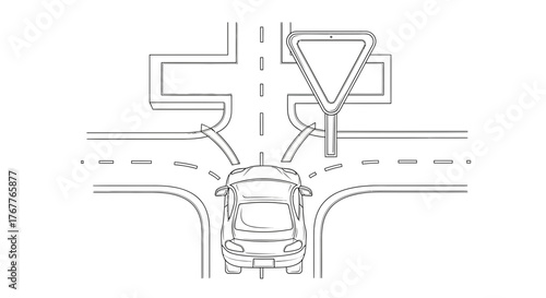 Automobile Navigating Intersection Depicted Through Minimalist Monochrome Sketch