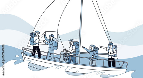 Adventurous Travelers Sailing Through Turbulent Waters Towards A Distant Horizon