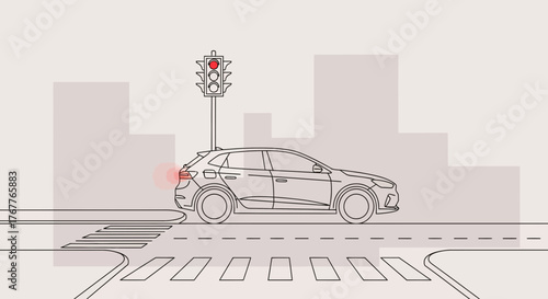 Automobile Halting Before Red Signal, Illustration Of Traffic Rules Compliance In The City