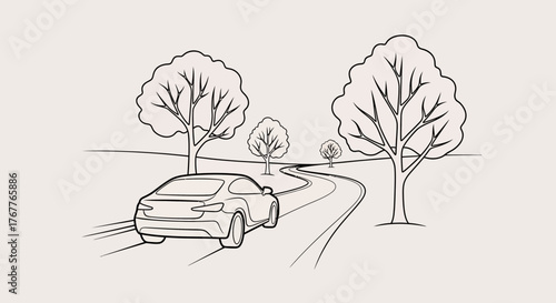 Automobile Journey Through A Serene Landscape, Emphasizing Travel and Freedom