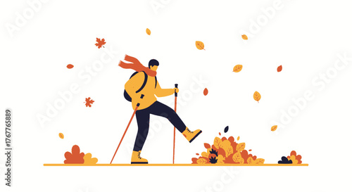 Autumn Adventures: Hiker Explores Fall Foliage on a Sunny Day in the Outdoors