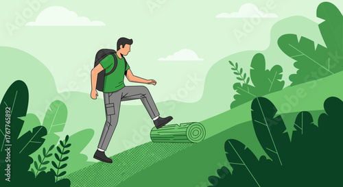 Adventurous Trekker Ascending a Hill in Nature's Embrace with Green Foliage and Sky
