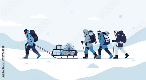 Adventurous Trekking Expedition in the Frozen Landscape, Pushing Forward, Achieving Goals