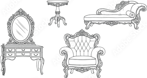 Vintage furniture set, ornate vanity table, chaise lounge, armchair, side table illustration, antique decor concept, vector art, stock image