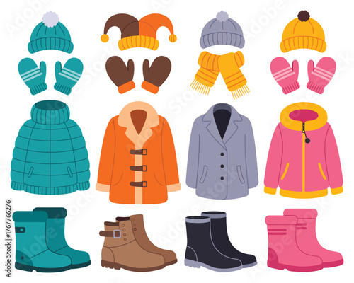 Cold season clothing vector collection with winter accessories like hats, mittens, scarves, and woolen socks, perfect for cozy illustration, apparel design, and warm fashion themes