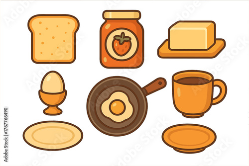 Essential breakfast elements set including bread, jam, butter, and eggs