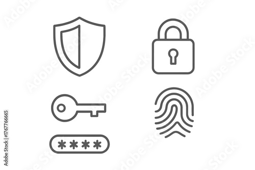 Set of security and protection symbols including shield, padlock, key, fingerprint, and password field