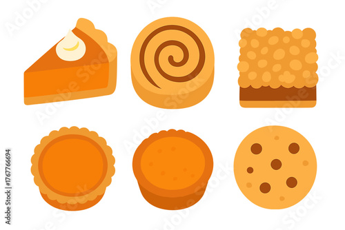 Classic autumn baked goods set featuring pumpkin pie cinnamon roll and various cookie desserts