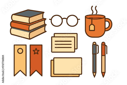 Collection of essential items for reading and studying including books, eyeglasses, hot drink, and pens