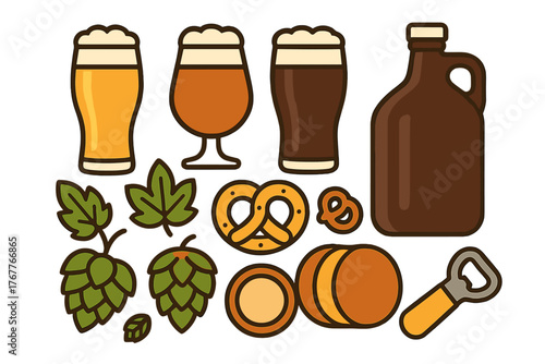 Stylized set of brewing and pub elements including beer glasses, hop flowers, pretzels, and a brown growler