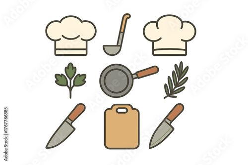 Kitchen cooking utensils set with chef hats, cutting board, knives, frying pan, ladle, and herbs