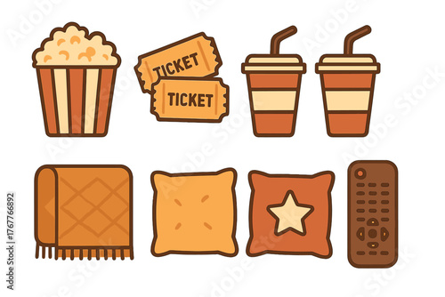 Cozy movie night essentials including popcorn, tickets, drinks, blanket, pillows, and remote control