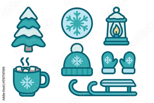 Cozy winter essentials and outdoor activity icons featuring a snowy tree, hot cocoa, and warm accessories