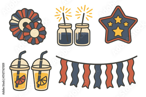 Patriotic celebration elements: rosettes, sparklers, star badge, lemonade cups, and bunting garland