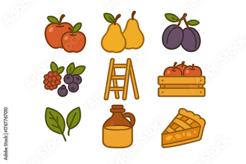 Colorful set of autumn harvest symbols featuring fresh fruits, berries, ladder, crate, and pie slice