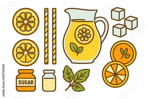 Refreshing summer drink ingredients set including pitcher of lemonade, citrus slices, sugar, and mint leaves