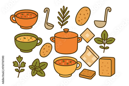 Collection of warm autumn soup ingredients and kitchenware including pot, mugs, potatoes, herbs, and bread